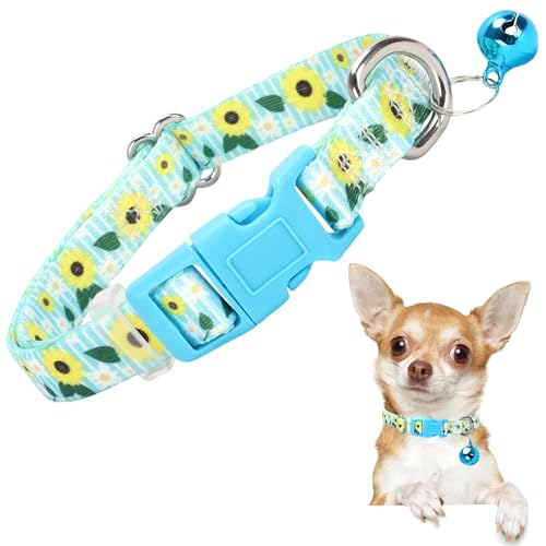 Small Dog Collar with Bell for Small Dogs, Adjustable Sunflower Print Collar for Chihuahua Pomeranian, Soft Comfort Tiny Dog Collar S 50 S