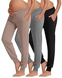 Sweetyweee 3 Pack Women's Lounge Maternity Pants, Casual Joggers Underbelly Pregnancy Sweatpants with Drawstring and Pockets(Black, Light Gray, Khaki,Large)