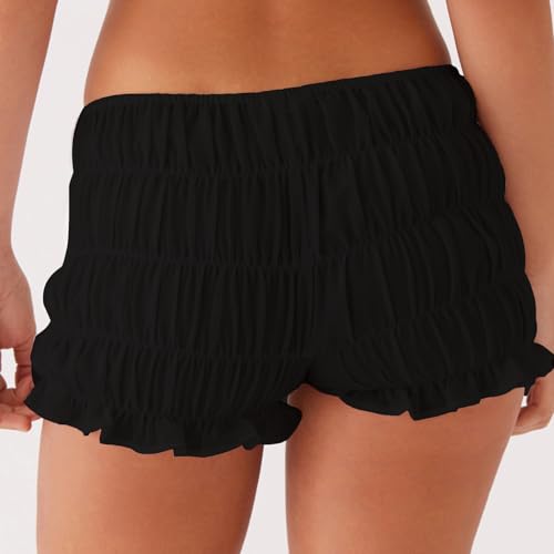 Image of NUFIWI Women's Y2k Ruched Mini Shorts Low Waist Ruffle Frill Bloomers Lounge Pajamas Smocked Micro Shorts Sleepwear