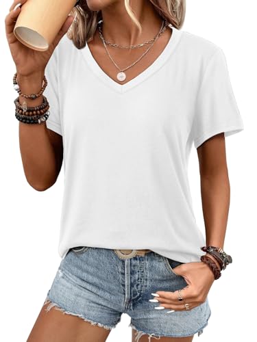 ATHMILE Womens V Neck Short Sleeve Summer T Shirts Curved Hem Plain Top Beach White