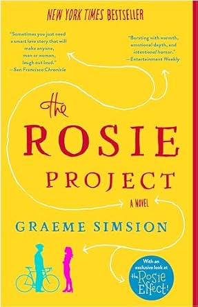 The Rosie Project by Graeme Simsion, depicting the blue silhouette of a man and pink silhouette of a woman facing each other against a solid yellow background, with white arrows drawn across the cover.