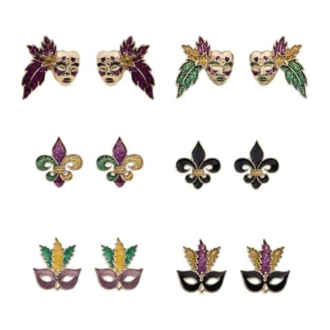 6 Pairs of Mardi Gras Earrings Studs Set for Women, Purple Black Iris Mask Earrings for Carnival Festive Mardi Gras Jewelry Decorations Gifts Cover