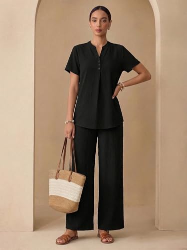 Image of TOPLOT Women's Co-ord Set | Stylish Matching Top & Bottom Set | Notch Neckline with Button Detail | Loose-Fit, Short-Sleeve Top with a Relaxed Silhouette |Ideal for Casual (5250)