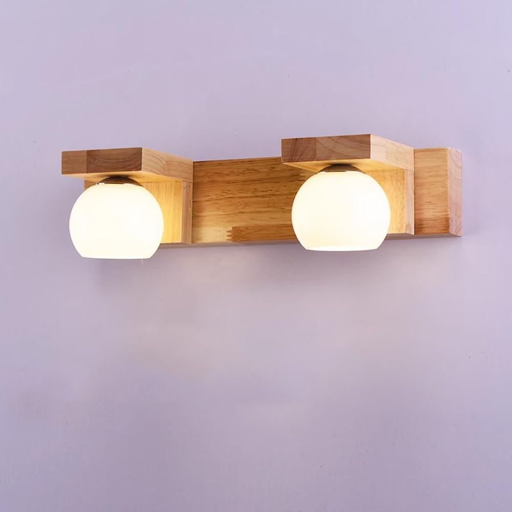 Mengjay Holz Wandleuchte Innen,Vintage Spiegelleuchte Bad Spiegellampe Badezimmer G9 Wandlampe mit Kugel Glas Lampenschirm für Schlafzimmer Flur Wohnzimmer Küche (2 Flammig)