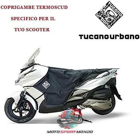 Толук view of a white Kawasaki J300 scooter with the black Tucano Urbano Termoscud leg cover installed, showing its fit and coverage.