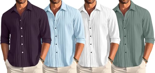 Image of FINIVO FASHION Combo of Men's Casual Cotton Plain Button Down Shirt Long Sleeve Textured Summer Beach Shirt for Men Pack of 4
