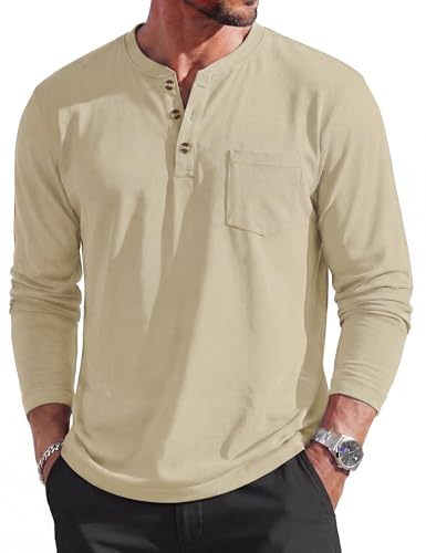 Image of MAGCOMSEN Mens Tops Henley Long Sleeve Lightweight Shirts Cotton Casual Breathable Tshirt 3 Button Crew Neck Tee with Pocket,Khaki,XL
