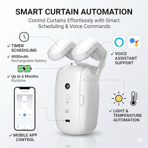 Image of JERN Automatic Smart Curtain Robot Wireless Curtain Opener with Mobile App Voice Commands Scheduling Light Temperature Sensors Rechargeable Motor for Roman Rod Tracks
