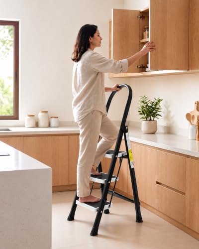 Image of KITCHIVO 3 Step Foldable Ladder with Safety Handrail, Wide Anti-Slip Steps & Non-Slip Feet, Heavy Duty Steel Step Ladder for Home, Kitchen & Office