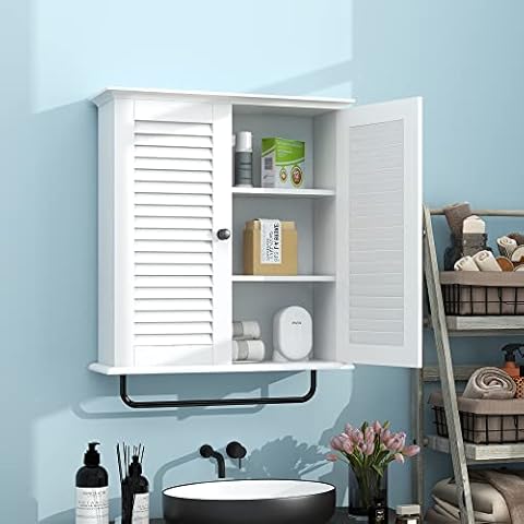 TaoHFE Bathroom Cabinet Wall Mounted White Designer Bathroom Wall Cabinet Medicine Cabinet with Double Shutter Doors 3 Tier Adjustable Shelf with Towel Rack Over The Toilet Storage Cabinet Laundry Cover