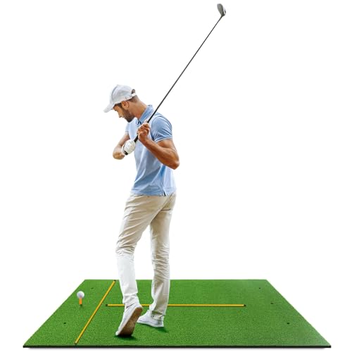 LIFEZEAL Golf Practice Mat, Tee Mat with 6 Tee Positions, Outdoor Sports Golf Training Lawn Mat with 2 Golf Tees & 90 cm Direction Sticks, Training Aids (152 x 117 x 2.5 cm)