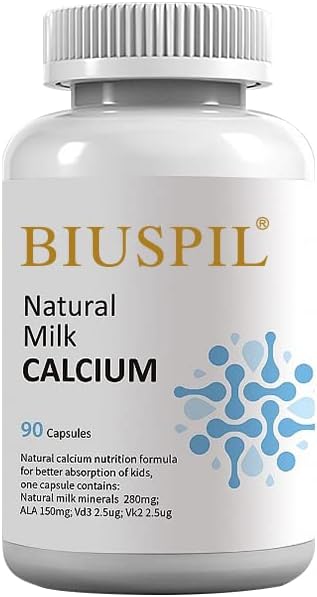 BIUSPIL Nutrición natural de calcio, una cápsula contiene 280 mg de minerales de leche naturales ALA 150 mg Vd3 2.5 ug Vk2 25 g