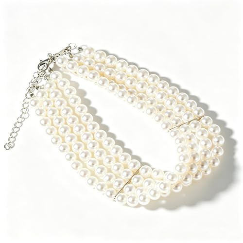 JKJF Simulierten Perle Halskette 4 Reihen Perlen Choker Halsband Multi Schichte Perlen Kette Elegant Modische Kurze Perlenkette Retro Fasching Kostüm Zubehör für Frauen Mädchen