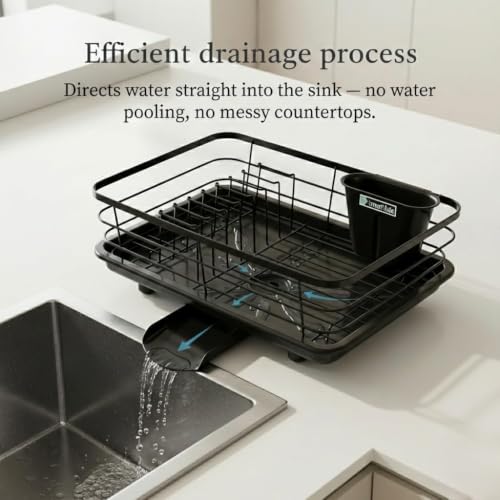 Image of ZENOVIA Dish Drying Rack with Drainboard, 1 Tier Kitchen Dish Rack with Detachable Utensil Holder, Carbon Steel Dish Drainer for Countertop, Fast Water Drainage, Rust-Resistant Kitchen Organizer