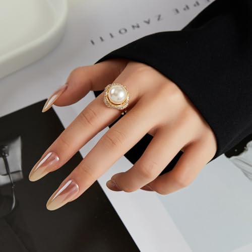 Kokoma Elegant Big Pearl Ring for Women Shiny CZ Crystal Engagement Promise Statement Rings Wedding Band Adjustable Comfort Fit Fashion Jewelry2