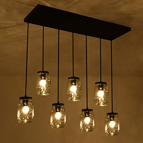 Heircido 7-Light Kitchen Island Lighting, Farmhouse Chandelier Light Fixture, Dining Room Lighting Fixtures Hanging, Adjustable Height, Matte Black Finish