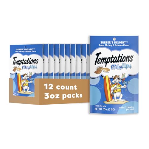 Image of Temptations MixUps Crunchy Cat Treats, Surfer's Delight, 3 oz, 12 Pack | Tuna, Shrimp & Salmon flavors, under 2 calories per treat, soft inside, resealable value pouch, promotes dental health