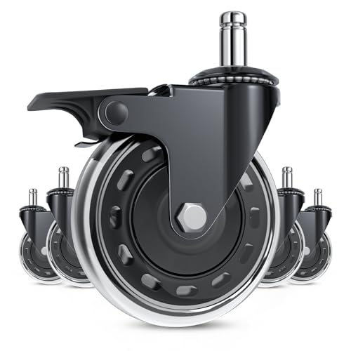 COSYLAND Bürostuhlrollen mit Bremse 5er-Set, Vollgummi, für Teppich & Parkett, bodenschonend & langlebig, 10x22 mm Pin, Nur kompatibel mit IKEA-Bürostühlen