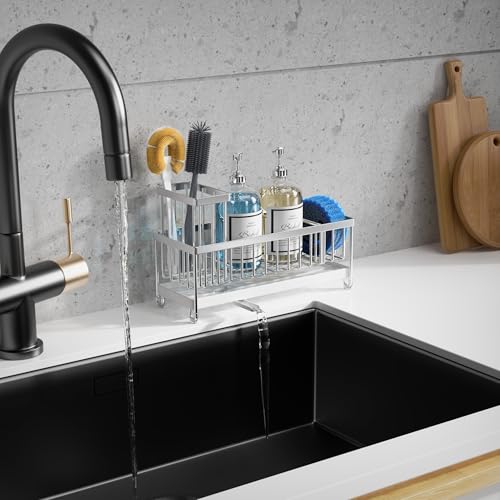Moforoco Larger Version Sponge Holder for Kitchen Sink, Sink Caddy with High Brush Holder, Kitchen Sink Organizer Countertop Rustproof 304 Stainless Steel (Stainless Steel) - Thumbnail 6