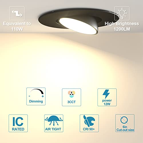 6 Inch Led Recessed Light, Black Downlight Dimmable Recessed Can Lights With Eyeball, 3000K/4000K/5000K Directional Angled Led Downlight, 12W 1200Lm Ic Rated-12Pack #TOP1