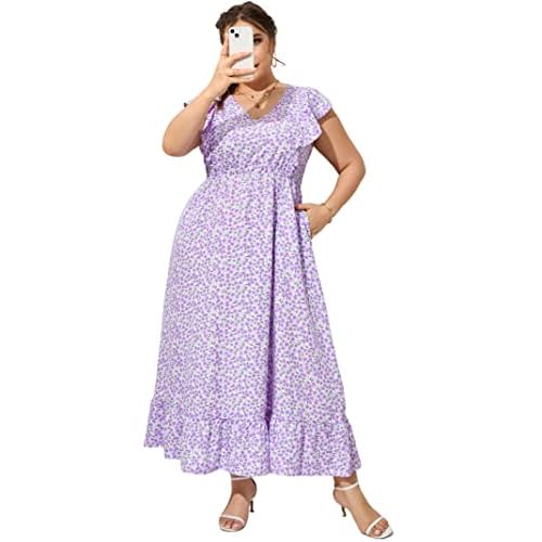 KOJOOIN Women's Plus Size Summer Dress with Pocket Ruffle Cap Sleeveless V Neck Side Split Long Beach Maxi Dress XX-Large Purple Flower-1