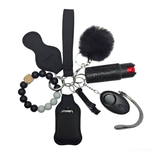 Piyhfir Keychain Set with Airtag Holder - Detachable Wristlet Mini Zip Pouch Bottle Opener & Pom Pom Charm for Women (Black)
