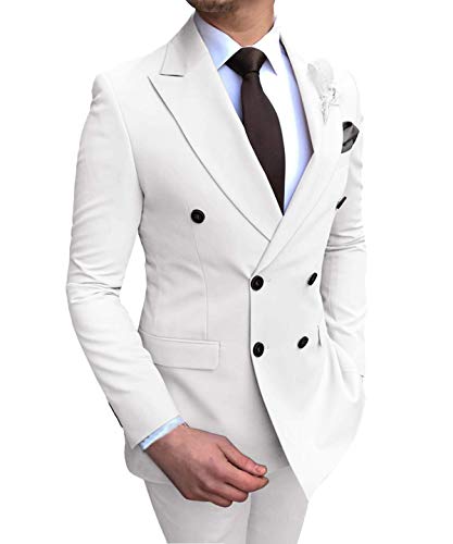 MLAEKT Men's Suits 2 Pieces Double Breasted Regular Fit Notch Lapel Solid Prom Tuxedos (Blazer+Pants) (White,M)