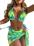 SOLY HUX Bikini Sets for Women Sexy Halter Triangle Bikini Bathing Suit with Beach Skirt 3 Piece Swimsuits Multicoloured Print S