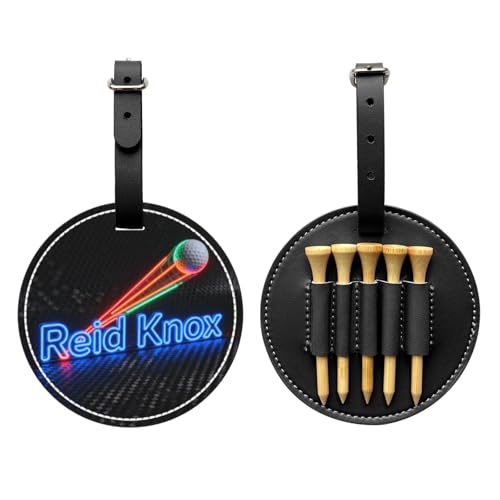 JugJug Personalized Golf Bag Tag with Tee Holder - Custom Name PU Leather Golf Accessories for Men and Women - Neon Golfer Design Gift