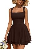 Trendy Queen Womens Mini 2026 Summer Spring Party Cruise Beach Vacation Clothes Outfit Clothing Date Night Square Neck Flowy Sun Sundress Ruched Birthday Homecoming Short Graduation Dress Brown