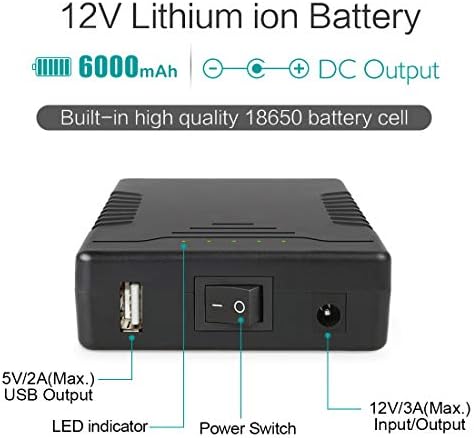 TalentCell Rechargeable 36W 12V/6000mAh 5V/12000mAh DC Output Lithium Ion Battery Pack for LED Strip, Tape Light, CCTV Camera and More, Black