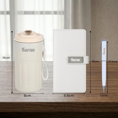 Image of Giftana Personalized Diary with Pen, Coffee Tumbler with Name, 3 in 1 Diary, Pen, Tumbler, Personalized Gifts for Husband Birthday, New Year Corporate Gifts for Employee (White 1)