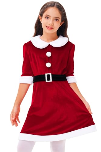 AOBUTE Girls Christmas Mrs. Santa Claus Red Velvet Dress with Belt 3-14 Years