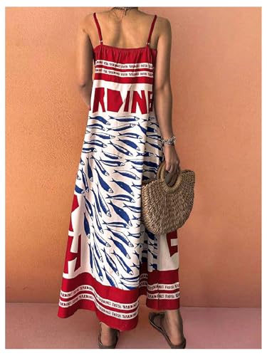 SOLY HUX Women's Sundress Graphic Print Color Block Spaghetti Strap Flowy Summer Long Cami Dress2