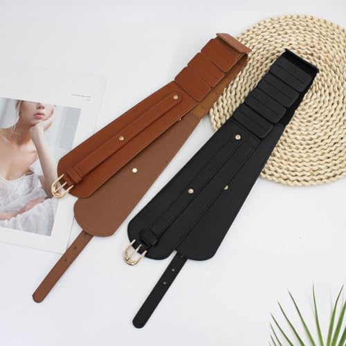 Womens Vintage Elastic Belt Leather PU Wide Waistband Adjustable Waist Belt Fashion Dress Belt, Black + Camel3