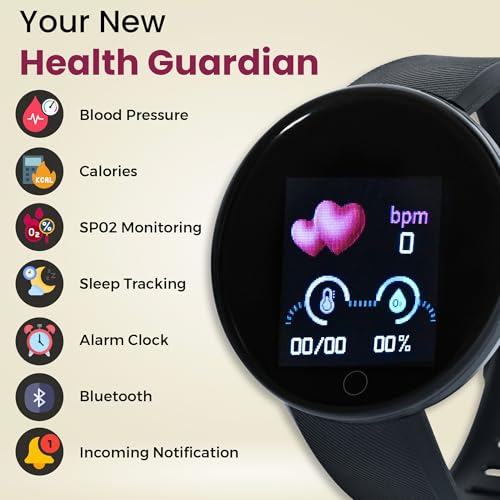 Image of Bouncefit M I D18 Round Fitness Band Smart Watch for Men, Women, Boys, Girls, Kids - Single Touch Interface, Water Resistant, Workout Modes, Quick Charge Sports Smartwatch - Black HH