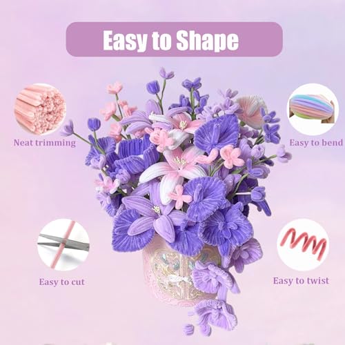 LansinLife 400 Pcs Pipe Cleaners Craft Set, 4 Assorted Pipe Cleaners Bulk, Chenille Stems for DIY Flower Making Kit with Floral Stems, Gardening Tape, Stamen, Ribbon for DIY Bouquet Gift (Purple) - Image 3