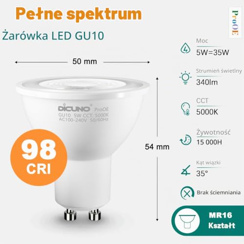 DiCUNO GU10 lampa LED 5 W, zimna biel 5000 K, zastępuje reflektor halogenowy 35 W, 340 lm, MR16 LED, CRI 98 pełne spektrum, bez niebieskiego światła, kąt świecenia 35°, seria ProOE, bez migotania, bez