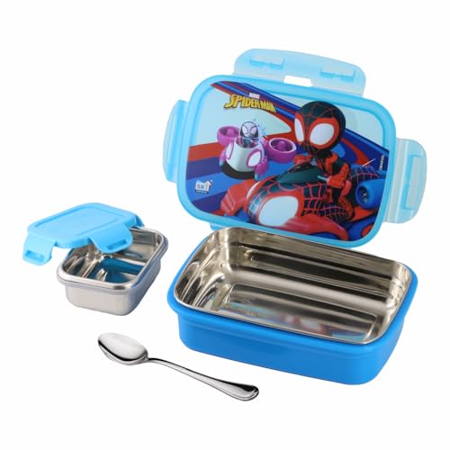 Image of SKi Homeware SnapLock Lunch Box for Kids with Stainless Steel Removable Inner Container +125ml dabbi + Spoon | Leak Resistant | Genuine Character Merchandise | Perfect for Birthday Gifts- Spidey