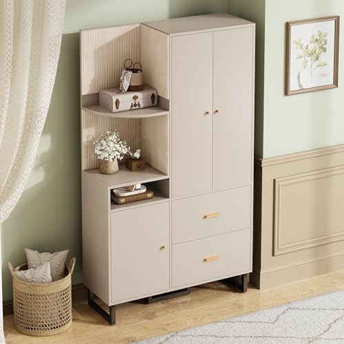 staronce Juego de armario y perchero – Perchero compacto con paneles de tela, armario de pasillo con barra y cajones, zapatero en beige y negro, 110 x 38 x 186 cm