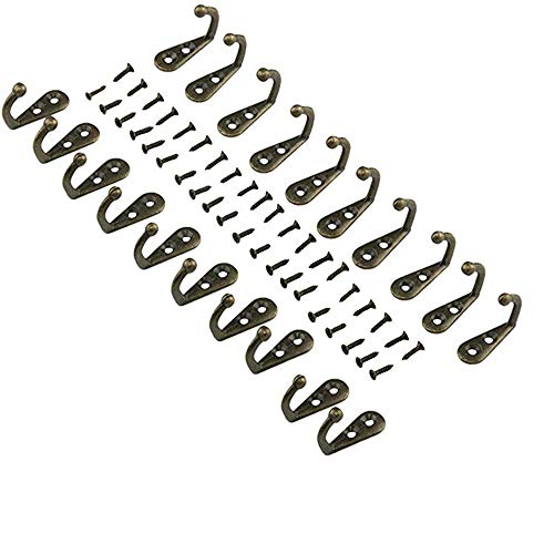 20pc Vintage Bronze Hooks - Wall Mounted Single Hook Hangers Now Bigger, Better and Equipped with 40 Extra-Long 17mm Screws