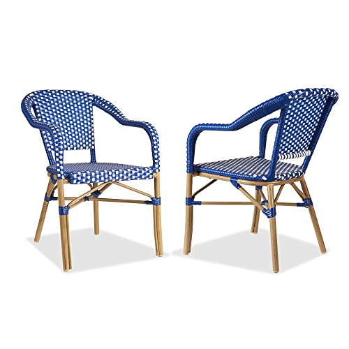 Image of PURPLE LEAF Outdoor French Bistro Arm Chairs Set of 2, Bamboo Finish, Blue