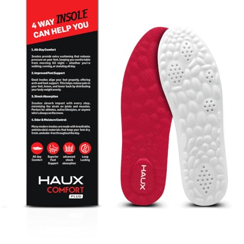 Image of HAUX PU Foam Comfort Insoles for Men | All-Day Cushioning & Durable Support,Lightweight, Durable, and Flexible, Dynamic Arch Technology for Neutral to High Arches (Red, 6)