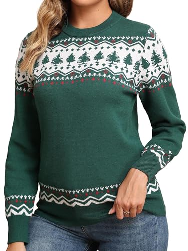 QIXING Weihnachtspullover Damen Rundhals Langarm Strickpullover Damen Christmas Pulli Sweater Lange Ärmel Pullover (Grün-Weihnachtsbaum, L)