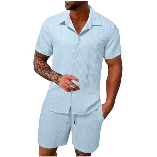 FZKun Tenues Estivales 2 Pièces Pour Hommes Pour Les Vacances - Chemises Cubaines à Manches Courtes En Coton Et Lin à Boutons Pour La Plage Hawaïenne Et Shorts Assorti De Survêtement (Bleu clair,M)