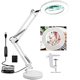 Magnifying Glass with Lihgt and Stand, Veemagni 8X Real Glass 2-in-1 Desk Lamp & Clamp, 3 Color Modes Stepless Dimmable, LED Lighted Magnifier with Light for Reading Crafts Repair Close Works - White