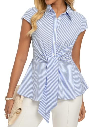 Image of GRACE KARIN Women's Striped Tops Summer Peplum Cotton Shirt Smart Casual Office Work Blouse Tie Front Cap Sleeve Tunic Light Blue XL