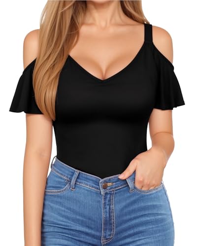 HERLOLLYCHIPS Sexy Tops for Women Cold Shoulder Deep V Neck Short Sleeve Slim Fit Summer Casual Tees T-Shirts