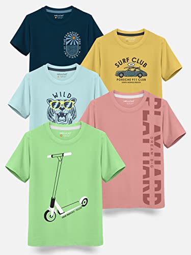 Image of HELLCAT Boys Round Neck Printed Blended Cotton Tshirt -Combo Pack of 2 - Orange /Blue