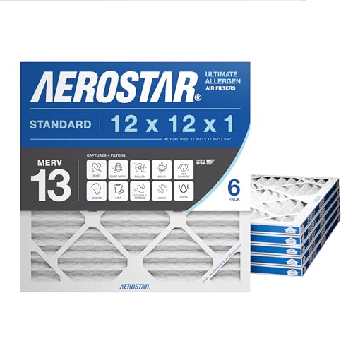 Aerostar 12x12x1 MERV 13 Air Filter, 6 Count, ACTUAL SIZE (11.75 x 11.75 x 0.75 ), HVAC, Air Conditioning & Furnace Filter for Allergies, Dust, Pet Dander & Smoke (MPR 1500 / FPR 10), Made in USA